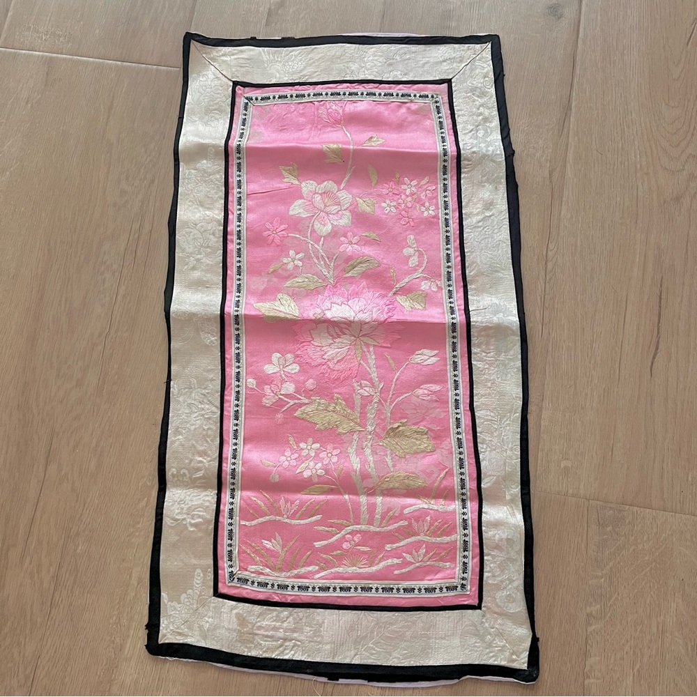 RARE Antique Qing Dynasty Chinese Silk Hand Embroidered‎ Sleeve Panel Pink Lotus